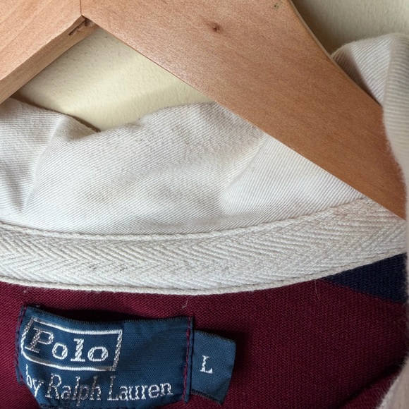 VTG Polo Ralph Lauren Men’s L Hooded Rugby Long Sleeve Striped Navy Maroon Pony - Picture 3 of 4